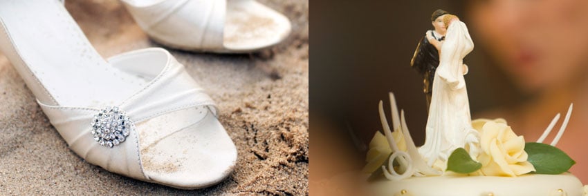 Wedding shoes in the sand; bride and groom cake topper at reception